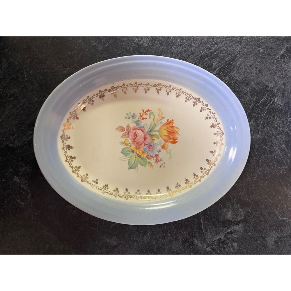Universal Cambridge Ivory Oval Platter Floral Bouquet 22 Karat Gold Trim‎